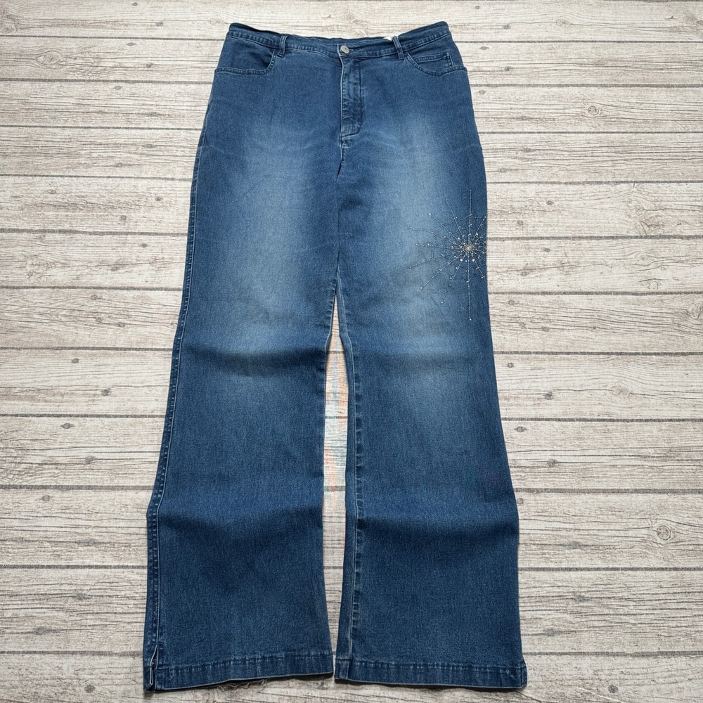 Y2K Baggy Jeans Women's 16 Blue Rhinestone High Rise Denim Wide Leg Streetwear